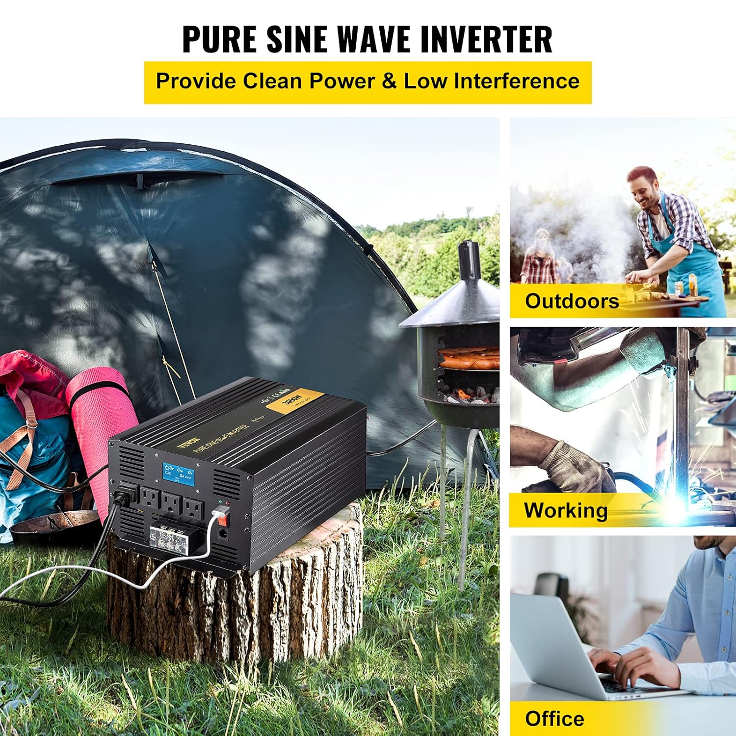 VEVOR Pure Sine Wave Inverter 3000 Watt Power Inverter, DC 24V to AC 120V Car Inverter, with USB Port LCD Display Remote Controller and AC Outlets (GFCI), for RV Truck Car Solar System Travel Camping