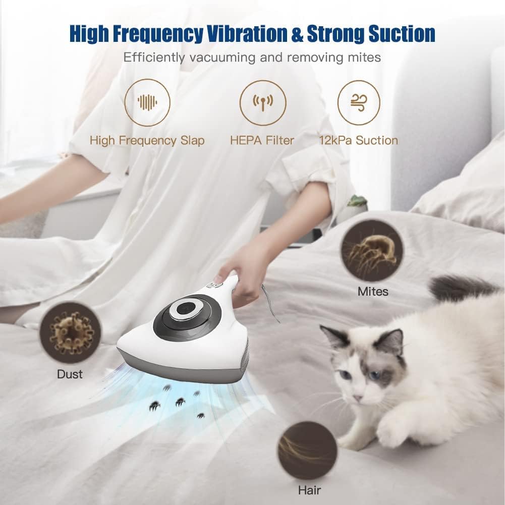 Bed Vacuum Cleaner UV Lamp12Kpa Strong Suction Low Noise Corded Handheld Cleaner for Bed Sofa Mattress Pillows Pet Hair and Carpets Portable Cleaning