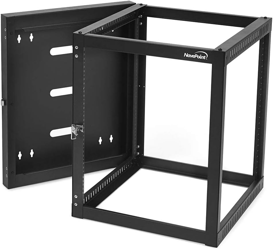 NavePoint 12U Hinged Open Frame Wall-Mount Network Rack, 4-Post 24 Inch Depth, Rear Swing Frame, Easy Rear Access to Equipment and Cable Management, Holds Network Servers and AV Equipment