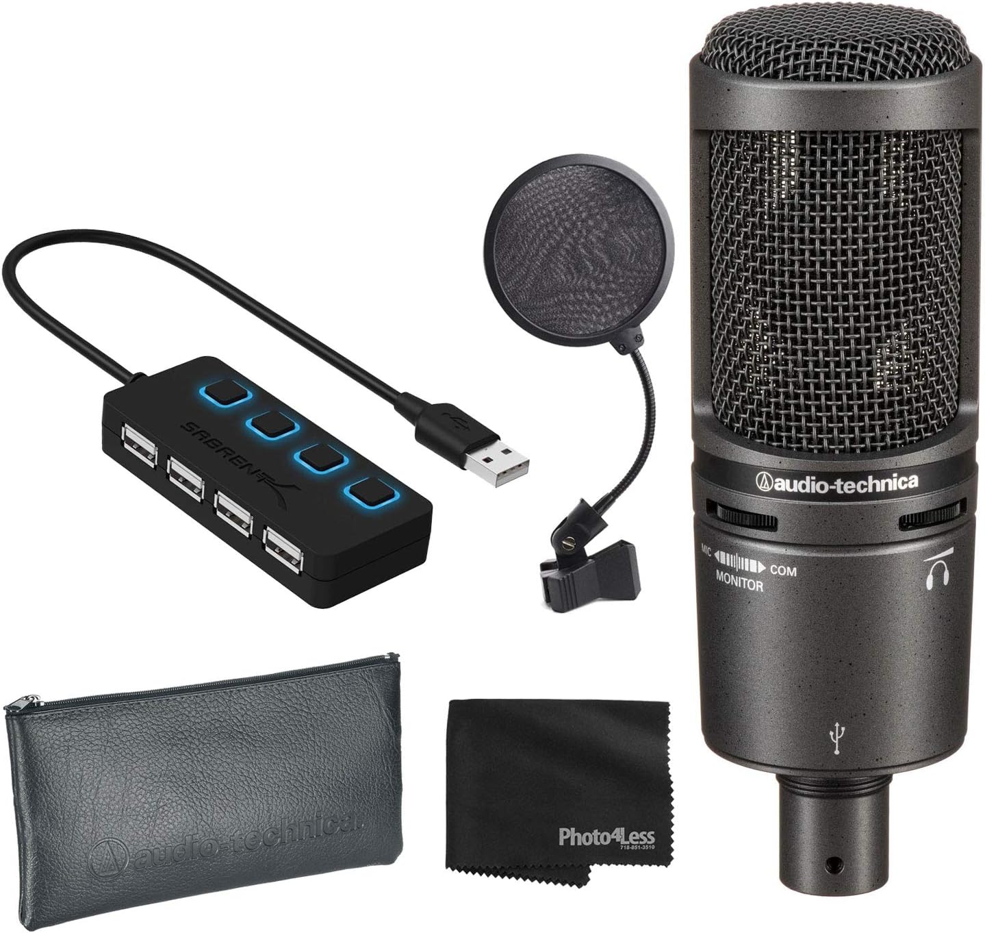 Audio-Technica AT2020USB+ Cardioid Condenser USB Microphone (Black) + Pop Filter + 4-Port USB 2.0 Hub with Individual LED Lit Power Switches + Cloth - Deluxe Mic Bundle