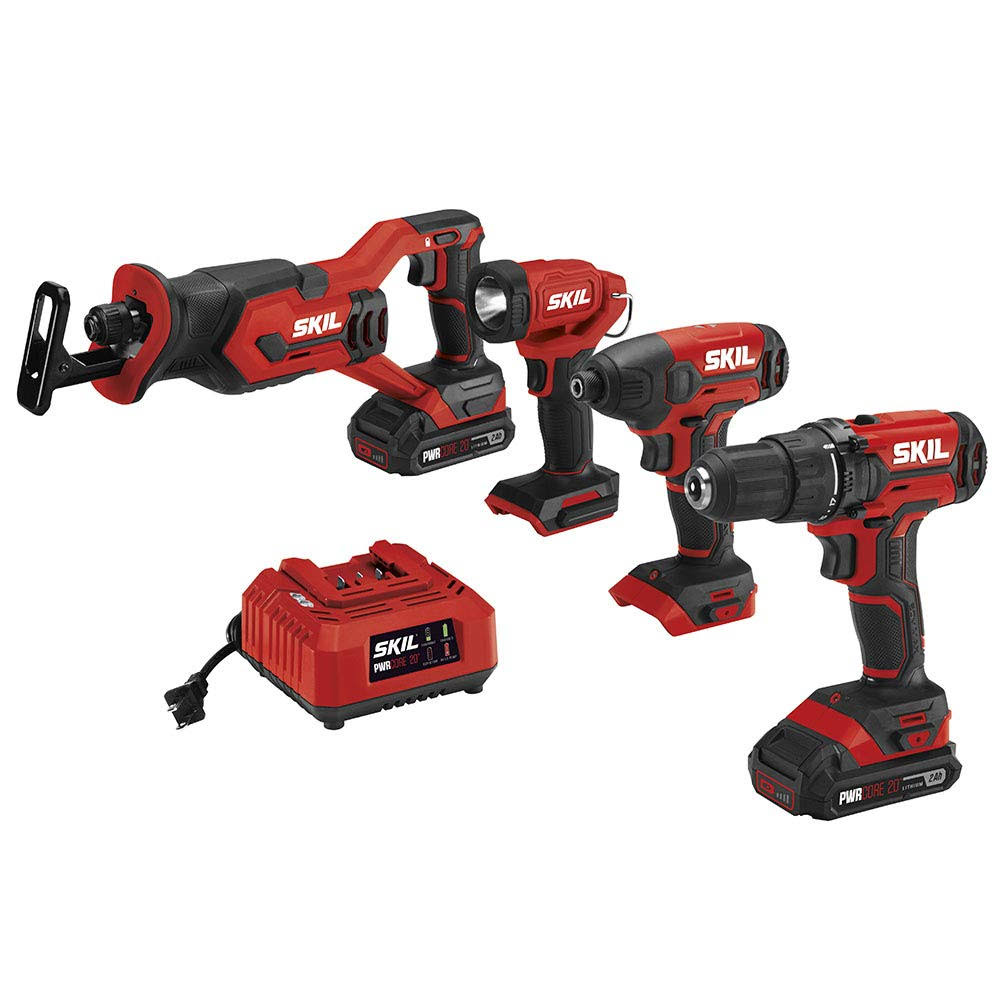Skil 4-Tool Combo Kit: 20V Cordless Drill Driver, Impact Driver, Reciprocating Saw and LED Spotlight, Includes Two 2.0Ah