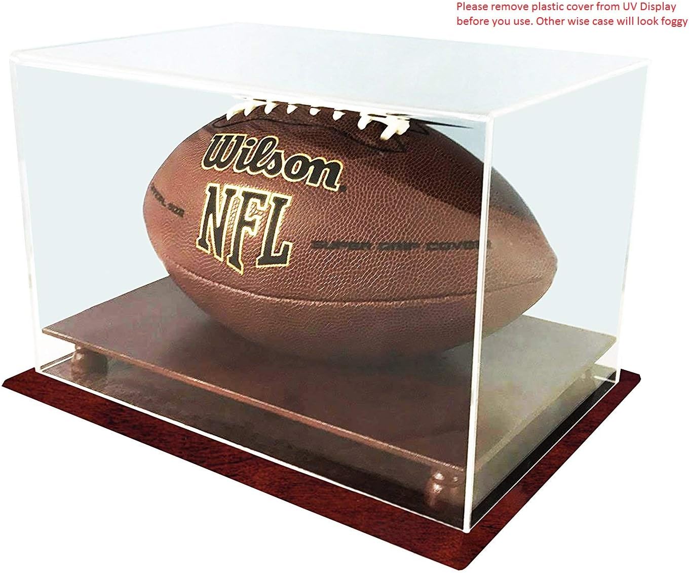 DECOMIL - UV Protection Football Display Case Holder, All 4 Sides Visible, Solid Wood Base - Cherry Finish Pack of 2