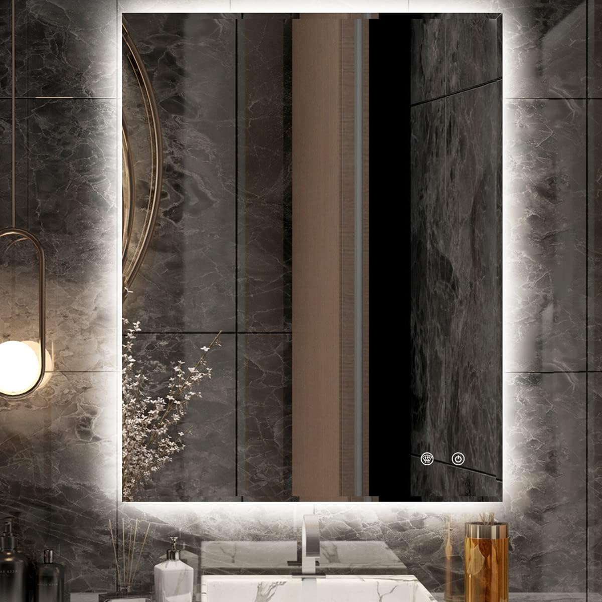 IOWVOE 36 x 28 LED Mirror with 3 Colors Backlit Bathroom Vanity Mirror Adjustable White/Warm/Natural Lights Anti-Fog Dimmable Wall Mounted Mirror Housewarming Gift