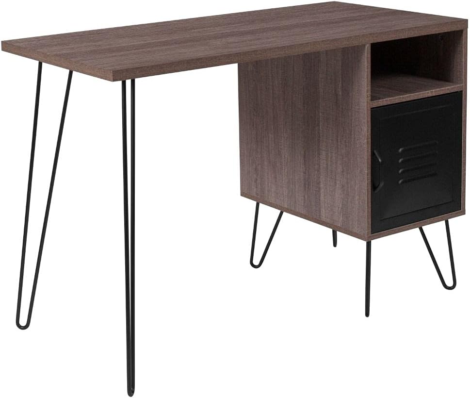 Flash Furniture Woodridge Collection Rustic Wood Grain Finish Computer Desk with Metal Cabinet Door and Black Metal Legs