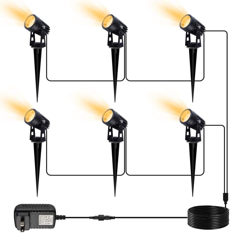 VOLISUN 6pack Spotlights Outdoor Landscape Lighting with 98ft Cable and Transformer IP65 Waterproof 12V Low Voltage with Stakes Landscape Lights for Garden Yard,Warm White(6-in-1)(All Metal Material)