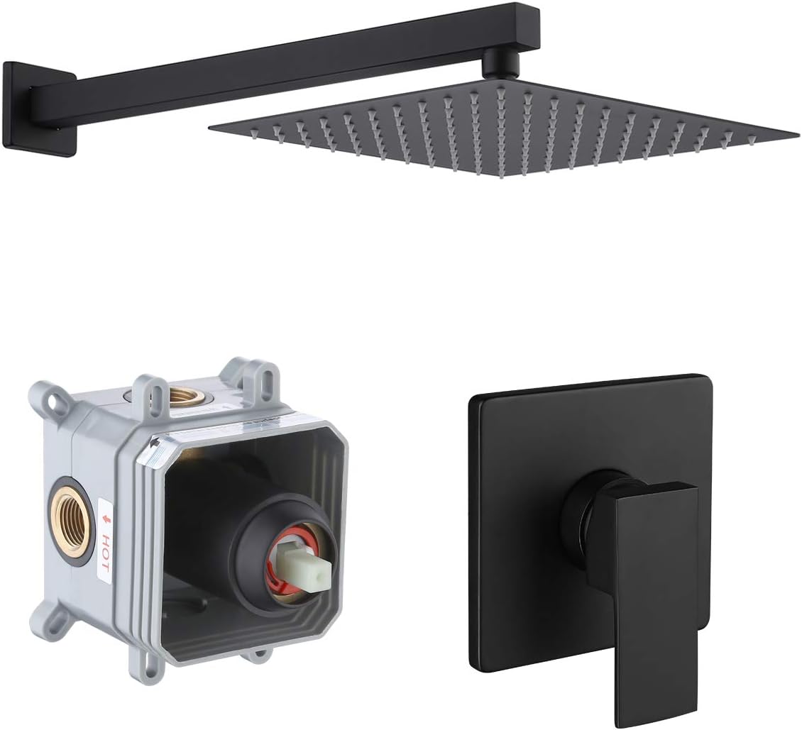 KES Shower Faucets Sets Complete 10 Inch Rain Shower Head Shower Valve and Trim Kit Pressure Balance Shower System Matt Black, XB6215-BK