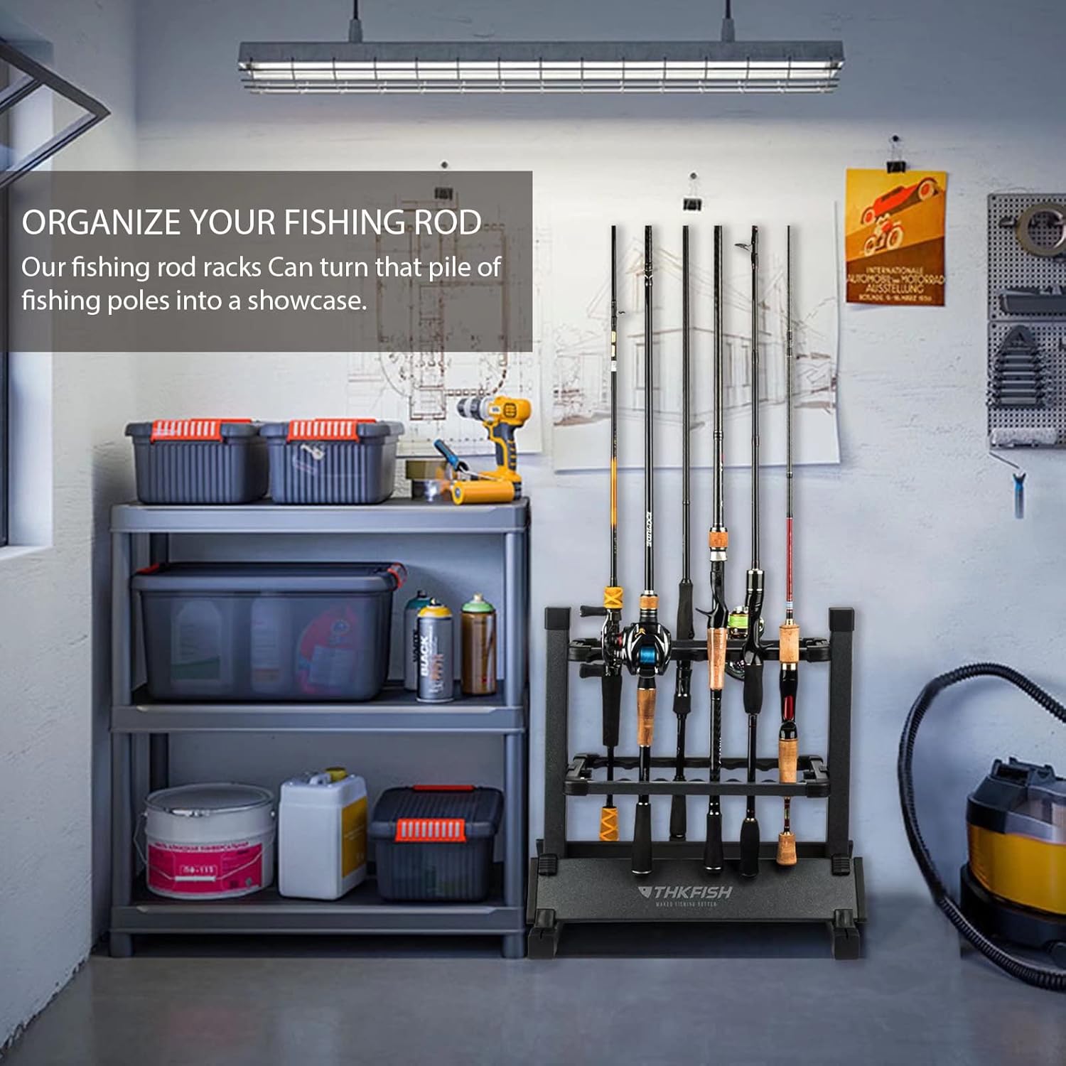 THKFISH Fishing Rod Racks Fishing Rod Holders Fishing Pole Holders for Garage Portable Rod Holder Store 12 Rods or 6-8 Fishing Rod Combos