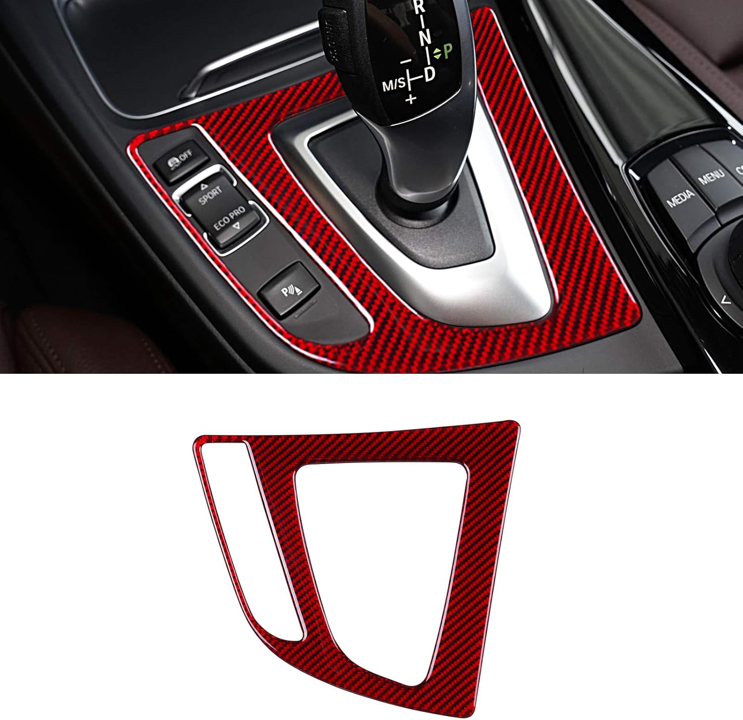 MICOOS Compatible with Carbon Fiber Center Console Gear Trim Gear Panel Interior Accessories for BMW 3 4 Series GT F30 2013 2014 2015 2016 2017 2018 2019 (1Pc Red) Pack of 2