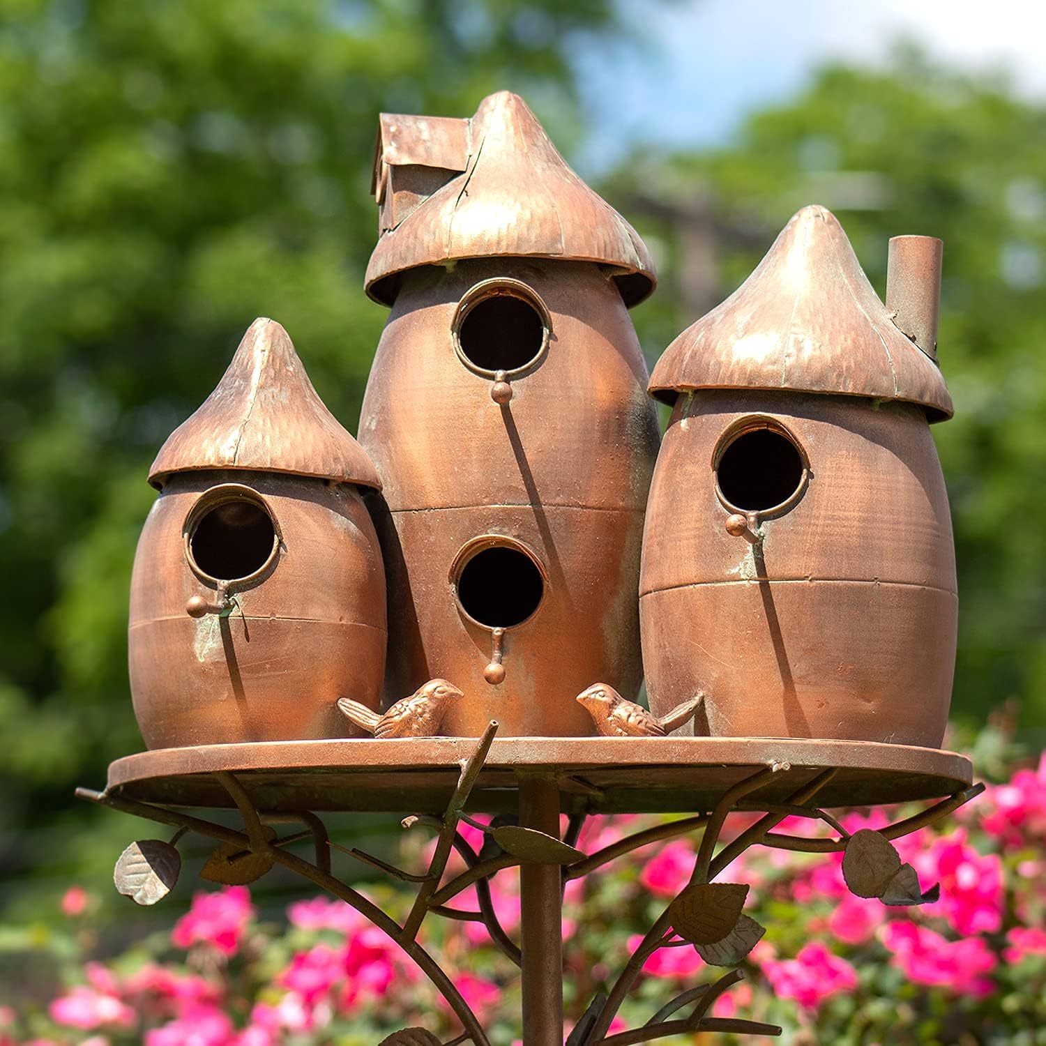 Zaer Ltd. Large Copper Colored Multi-Birdhouse Stakes, Room for 4 Bird Families in Each (Chubby Mushroom Homes (Copper Color))