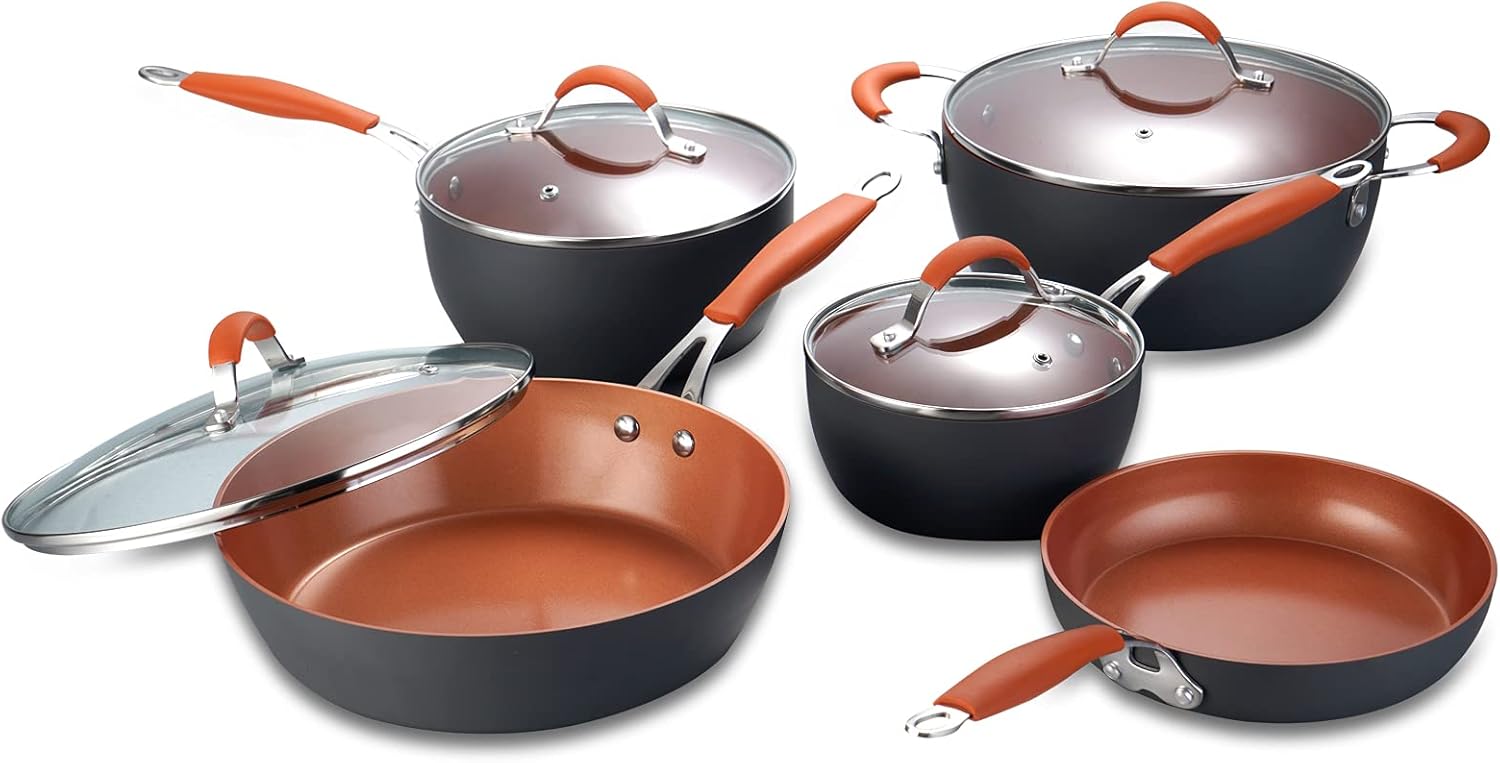SAPHALTON Nonstick Pots and Pans Set, 9-Piece Hard Anodized Cookware Set, Dishwasher Safe, Black