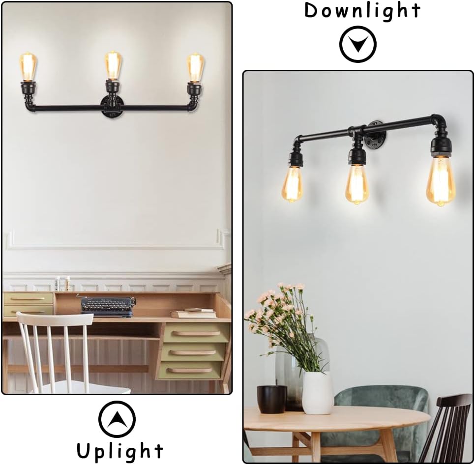 PUUPA Bathroom Vanity Lights, 3 Lights Industrial Black Antique Water Pipe Steampunk Wall Lamp Light Fixtures