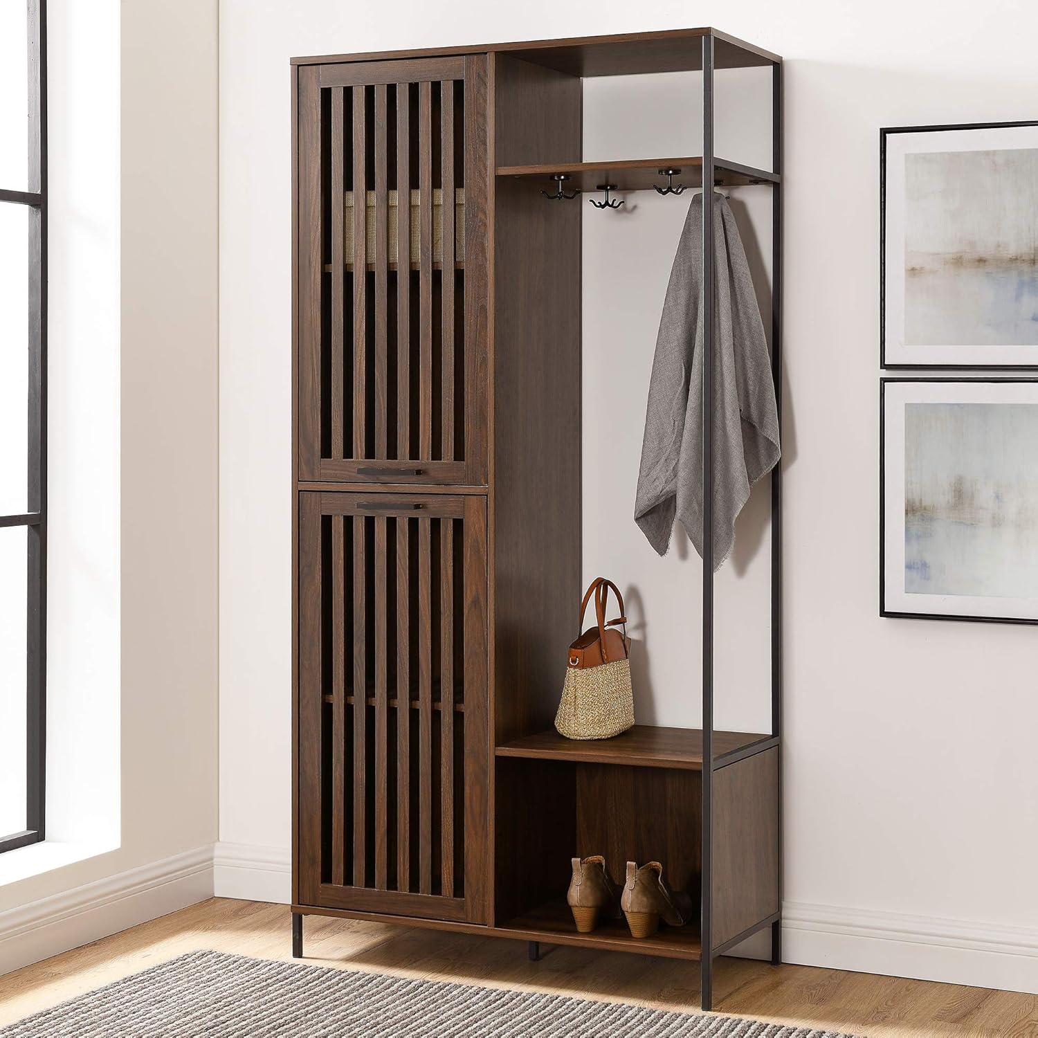 Walker Edison Slat Cabinet Door Metal and Wood Hall Tree Coat Rack with Open Storage, 72, Dark Walnut