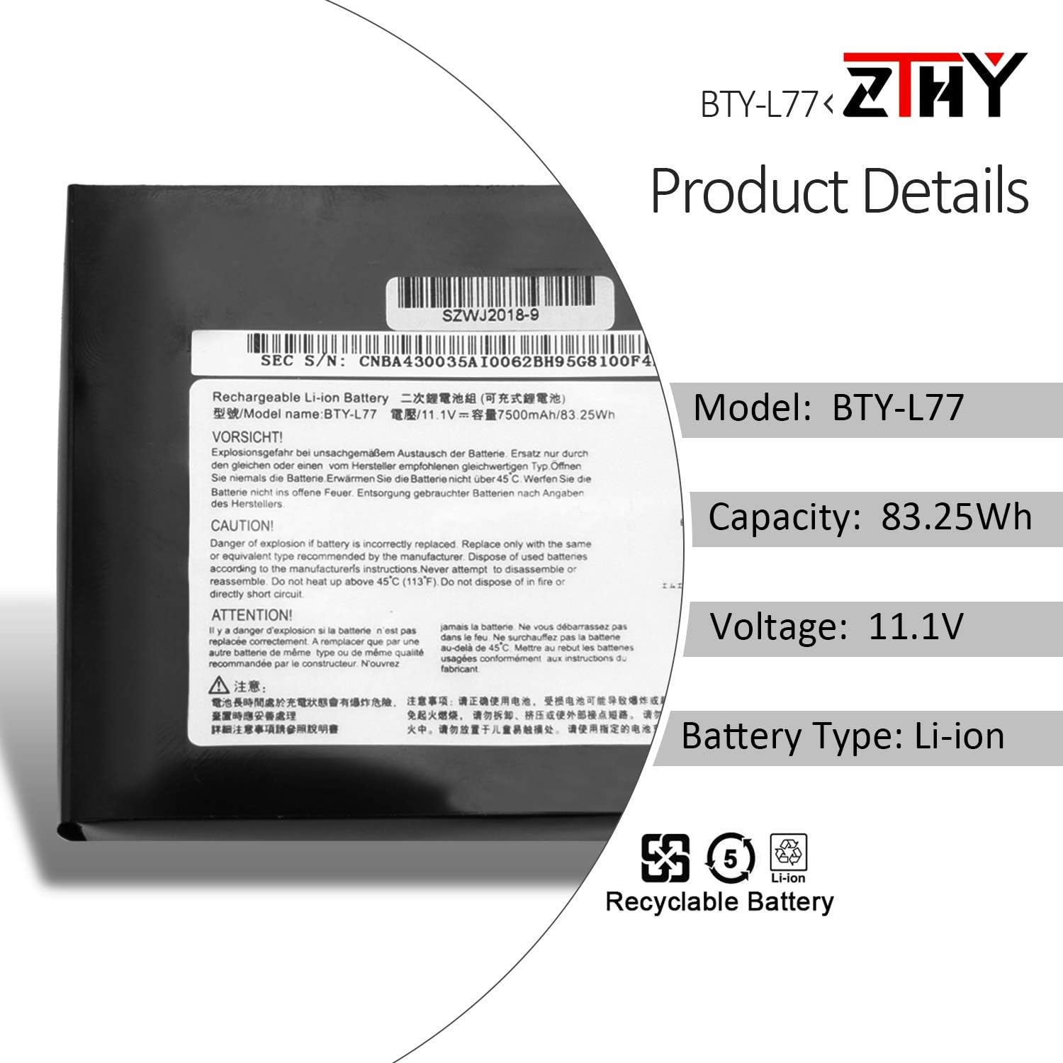 ZTHY BTY-L77 Laptop Battery Replacement for MSI GT72 2QD 2QE 2PE 6QE GT72S 6QF 6QD GT72VR 6RD GT80 2QE 2QD 2QC GT80S 6QE Dominator WT72 6QK 2OL MS-1781 MS-1783 2PE-022CN 2QD-1019XCN 11.1V 83.25Wh Pack of 2