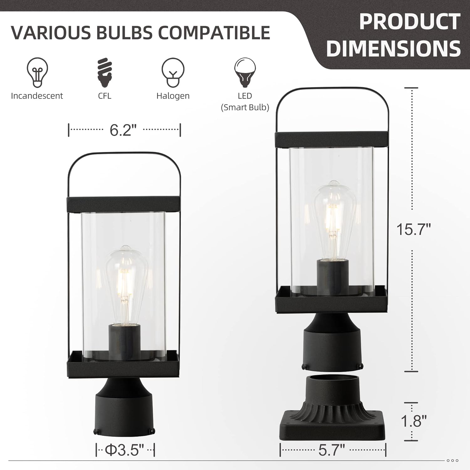 Moutly Outdoor Post Lantern, Industrial Pillar Light, Pier Mount Pole Light, Black Finish with Clear Glass, MTL-A391P