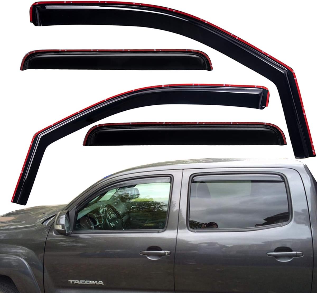 Lightronic WV194056 in-Channel Side Window Visor Deflector Rain Guard, Dark Smoke Shatterproof, 4 PCS Set for 2005-2015 Toyota Tacoma Double Cab
