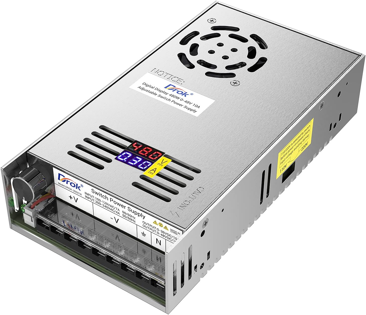 DROK 48V Power Supply, AC 110V/220V to DC 0-48V 10A 480W Buck Converter Dual Display, Variable Adjustable Transformer Regulated 5V 12V 24V 30V 36V 48V Volt Switching Voltage Adaptor 10A Amp Charger Pack of 2