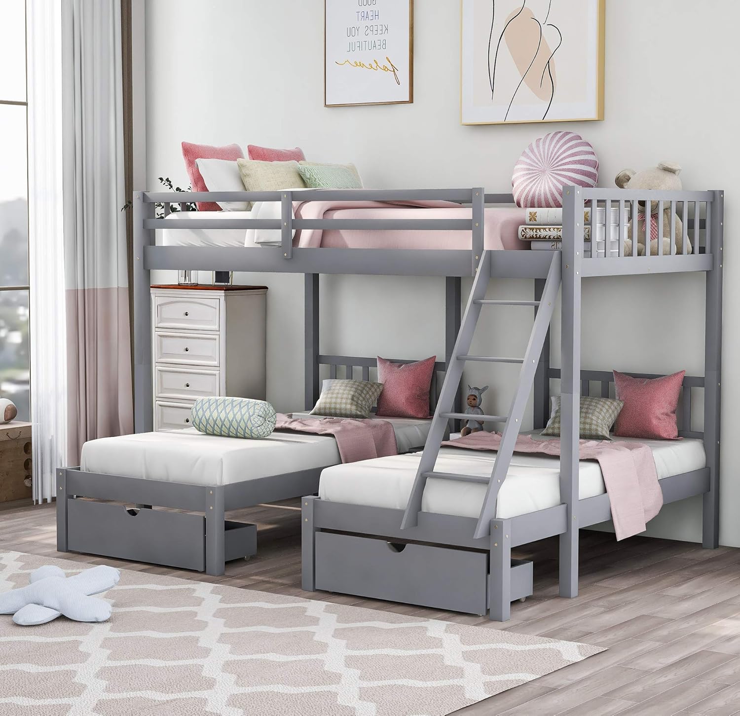 Wood Triple Bunk Bed,Triple Bunk Bed, Full Over Twin & Twin Bunk Bed with Drawers,Frame with Guardrails and Ladder for Kids, Teens, Adults, Space-Saving Design (Gray with Drawers)