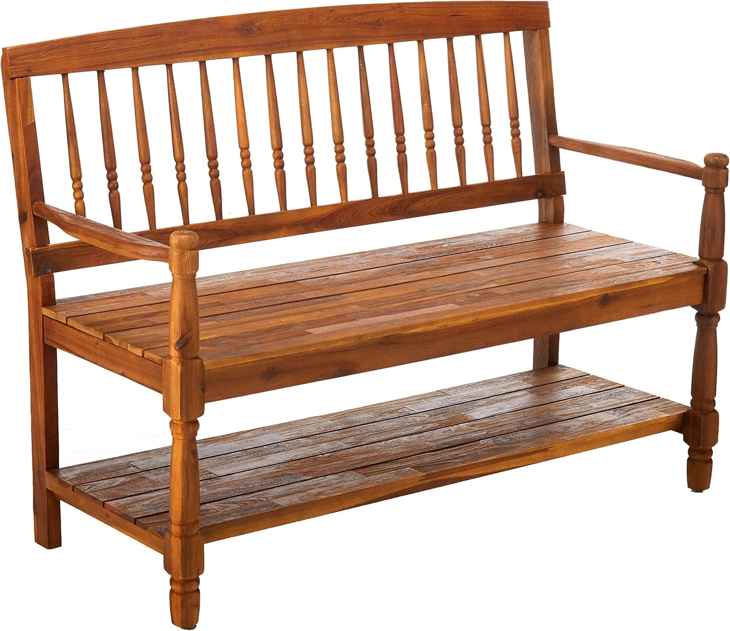 Christopher Knight Home Eddie Indoor Farmhouse Acacia Wood Bench with Shelf, Teak Finish
