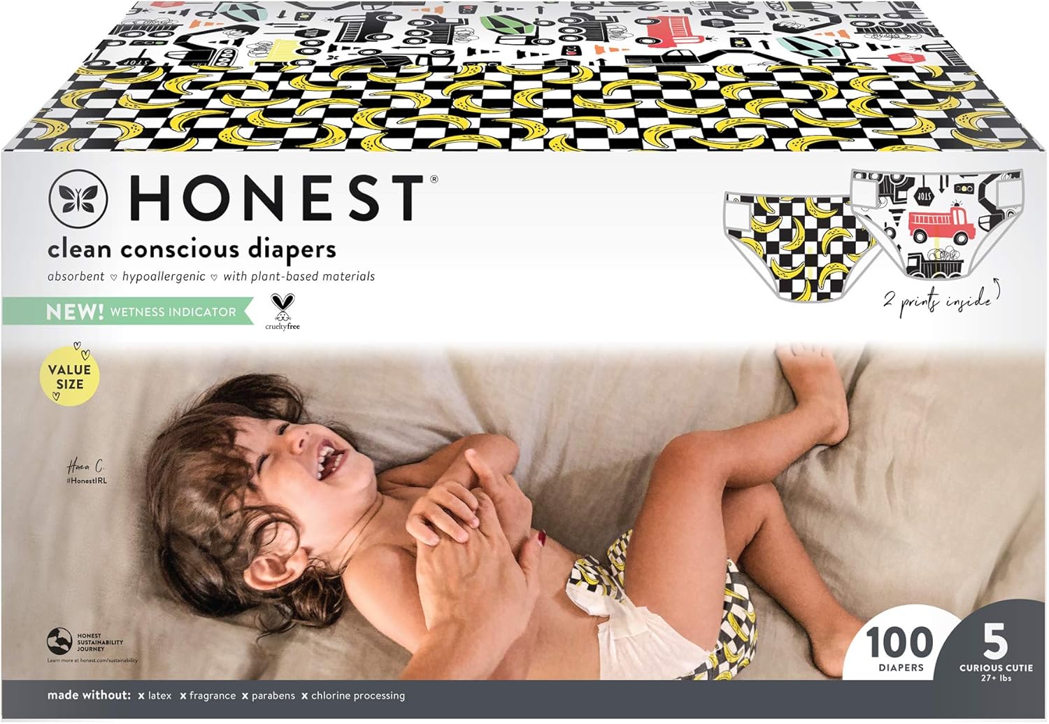 The Honest Company - Super Club Box, Clean Conscious Diapers, Big Trucks + So Bananas, Size 5, 100 Count (Packaging May Vary) Pack of 2