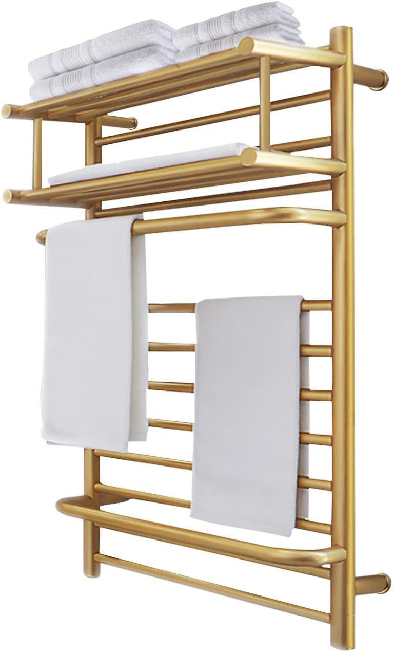Towel Warmer, Heated Towel Warmer for Bathroom, Wall Mounted Hot Towel Racks with Top Shelf, Stainless Steel Heated Towel Drying Rack, Hardwired/Plug-in (Gold) (Plug-in)