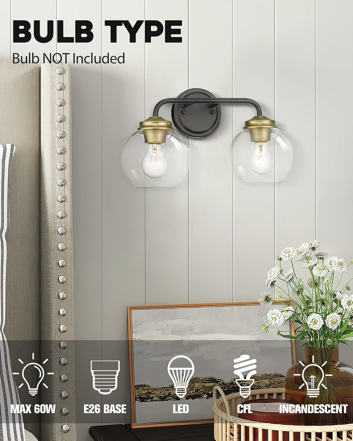 TOUNISAR Industrial Bathroom Vanity Lights - 2-Light Bathroom Wall Light Fixture with Clear Glass Shade, Vanity Lights in Matte Black and Antique Brushed Brass Finish for Bathroom, V9023-2 BK+BR