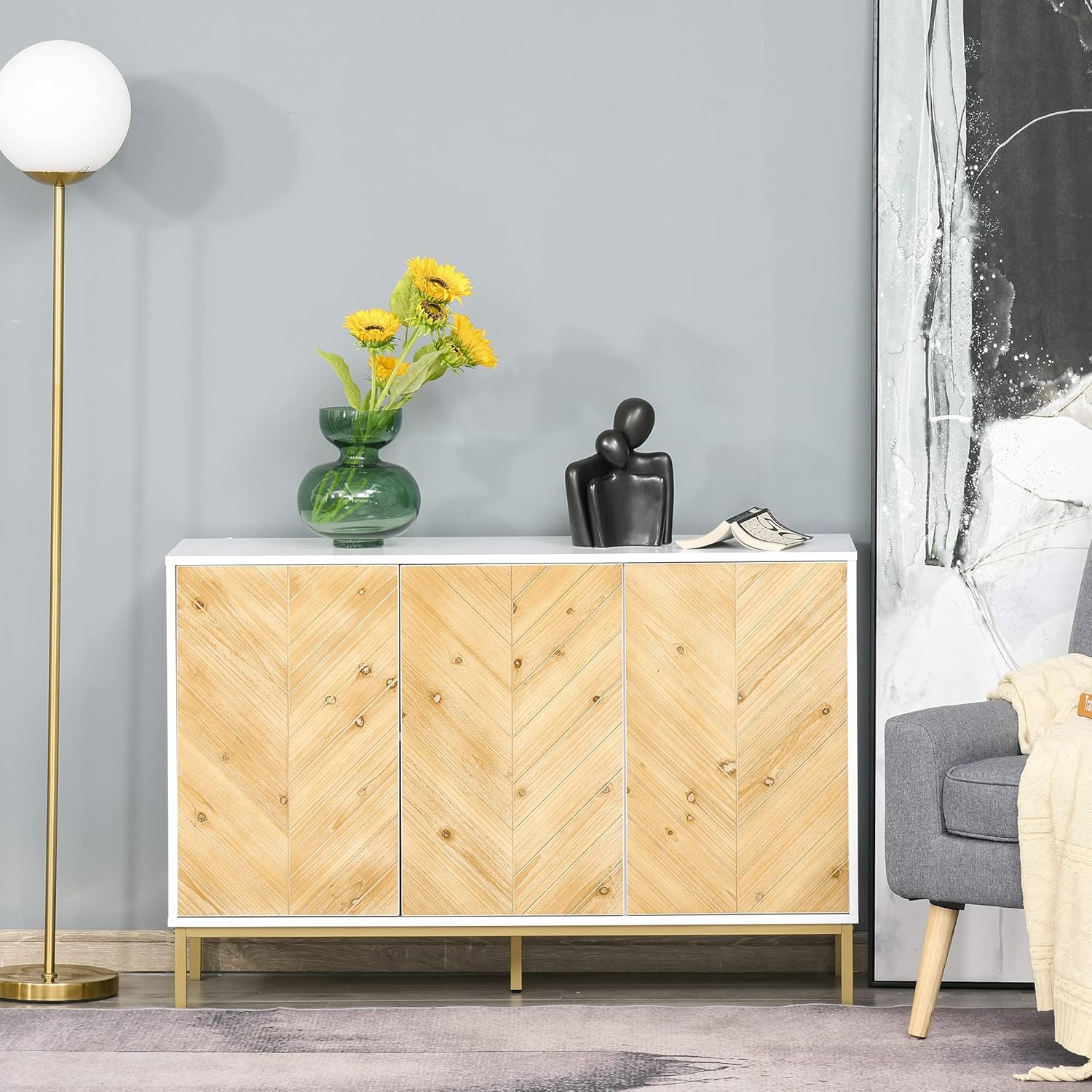 HOMCOM Modern 3 Door Accent Sideboard Storage Cabinet with Chevron Pattern and Adjustable Shelving, Natural Wood