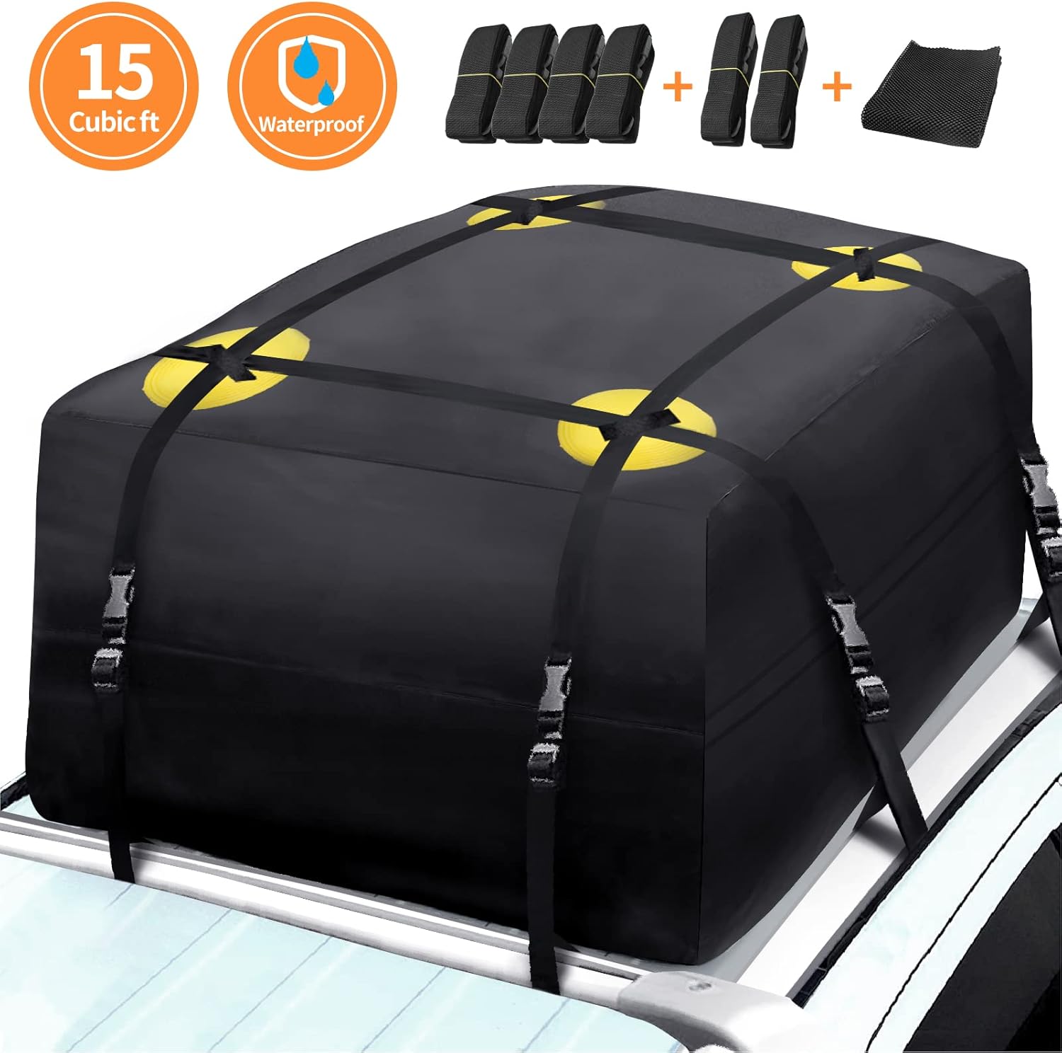 Rooftop Cargo Carrier, 15 Cubic ft Waterproof Car Top Carrier with Anti-Slip Mat and 6 Heavy-Duty Straps, Excellent Military Quality Roof Cargo Bag for Cars with or Without Racks(with Non-Slip Pad)