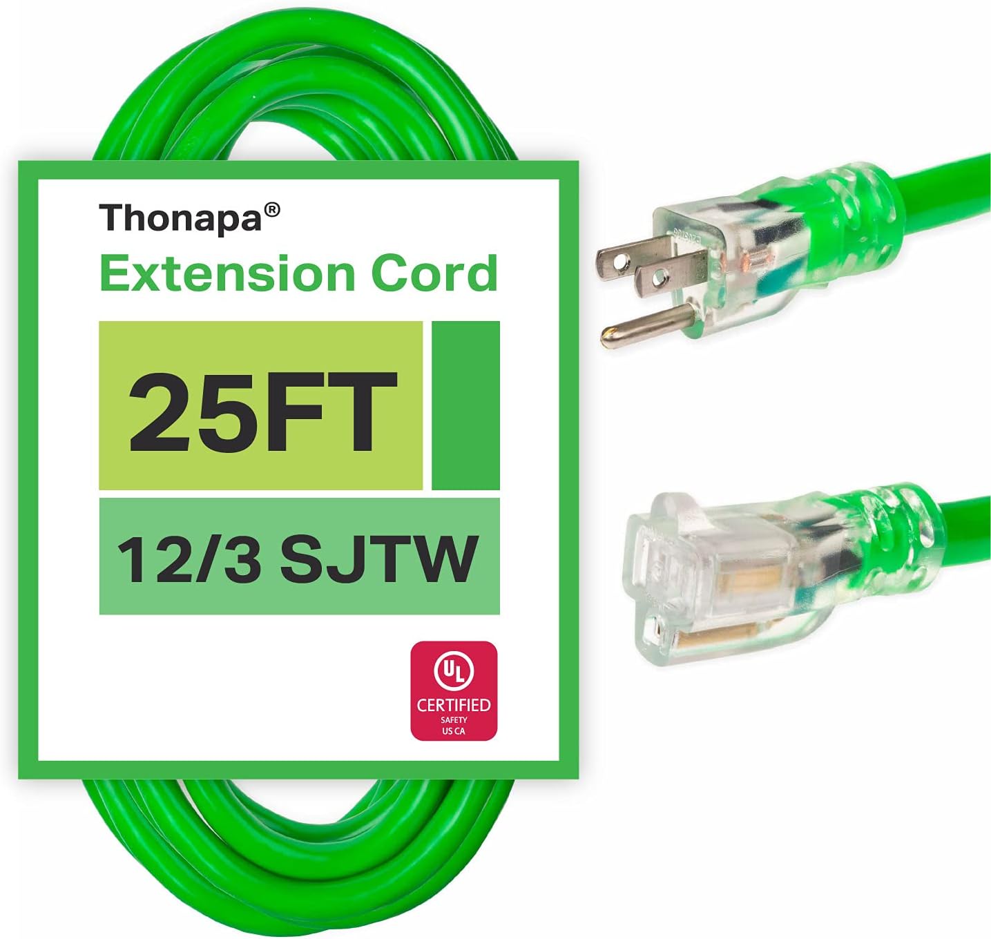 2 Pack of 50 Foot Outdoor Extension Cords - 12/3 Heavy Duty Yellow Extension Cable with 3 Prong Grounded Plug for Safety - Great for Garden and Major Appliances