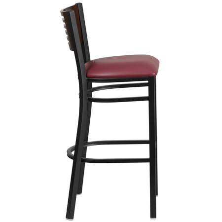 Flash Furniture 2 Pk. Hercules Series Black Decorative Slat Back Metal Restaurant Barstool - Walnut Wood BACK, Burgundy Vinyl Se