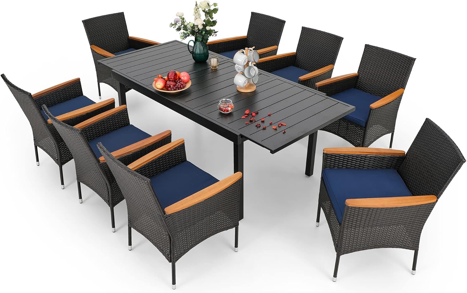 PHI VILLA 9 Pieces Outdoor Patio Dining Set Expandable Rectangular Metal Dining Table and Rattan Cushioned Chairs Set for 8 Outdoor Furniture Set for Backyard, Deck, Balcony