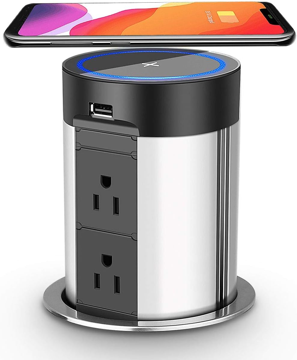 Pop up Outlet,pop up Power Strip with Wireless Charger,Retractable recessed Power Strip,4 AC Outlets, 2 USB Charging Ports (White)