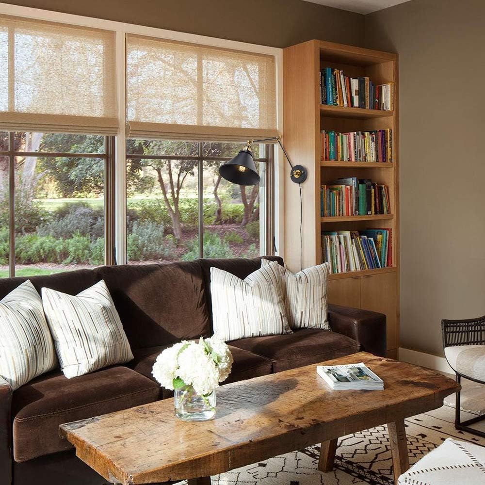 LNC Black Wall Sconces, Swing Arm Wall Lamp with Antique Brass Finish, Adjustable Plug-in or Hardwire Light Fixture