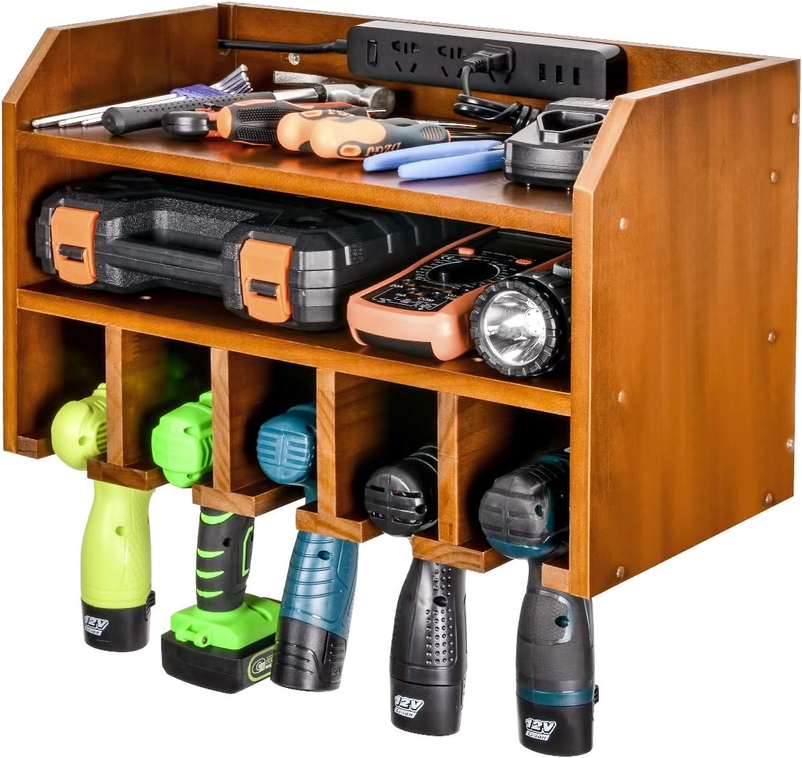 Power Tool Organizer Storage Wall Mount Drill Charging Station, Drill Holder Garage Tool Wall Cabinet Storage, Wood Cordless Tool Drill Organizer for Workshop Workbench, Easy Assembly Pack of 2