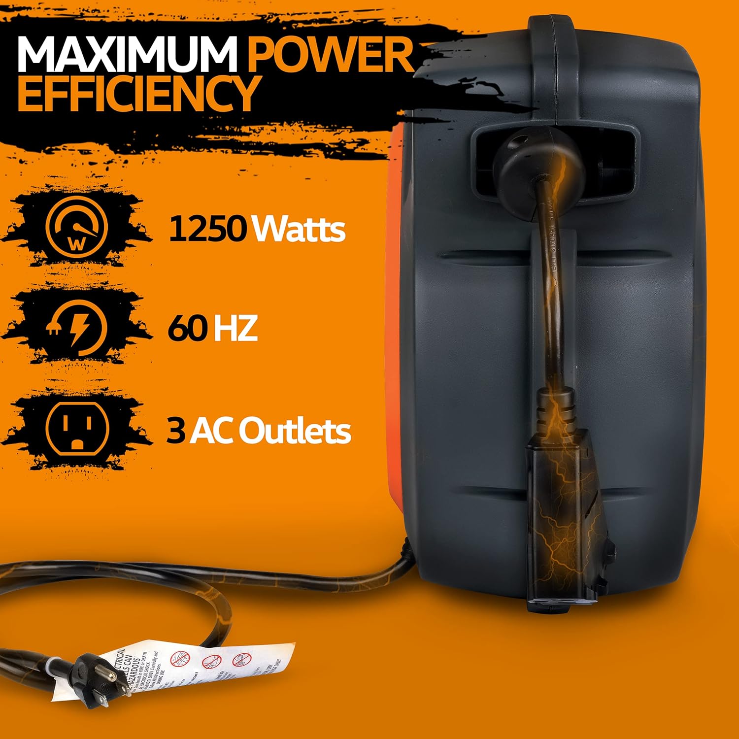 SuperHandy Extension Cord Reel Retractable 16AWG x 50' Feet Long Industrial Polypropylene Ultra Heavy Duty 3C SJTOW Commercial Premium Grade Ultra Flexible Cable (S3) Triple Tap Connector