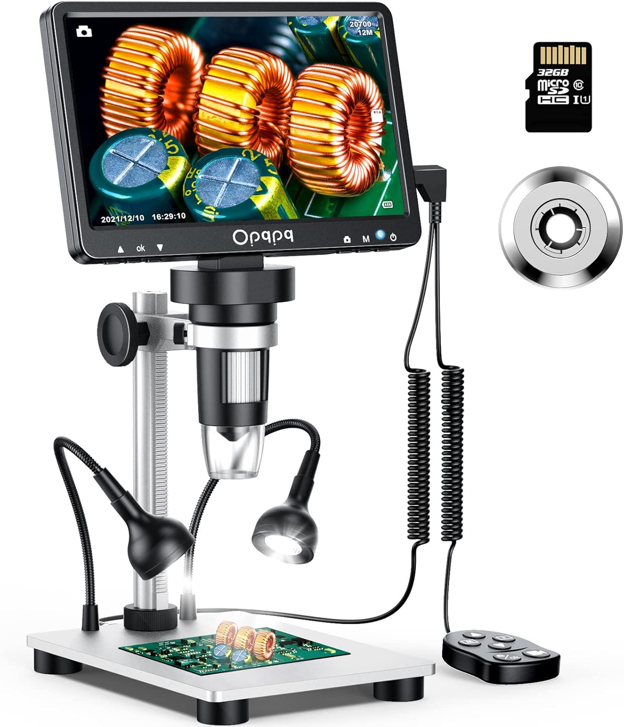 7'' LCD Digital Microscope 1200X, Opqpq 12MP Ultra-Precise Focusing Video Microscope with Wired Remote, LED Fill Lights, Metal Base PC View for Adults and Kids, Windows/Mac Compatible