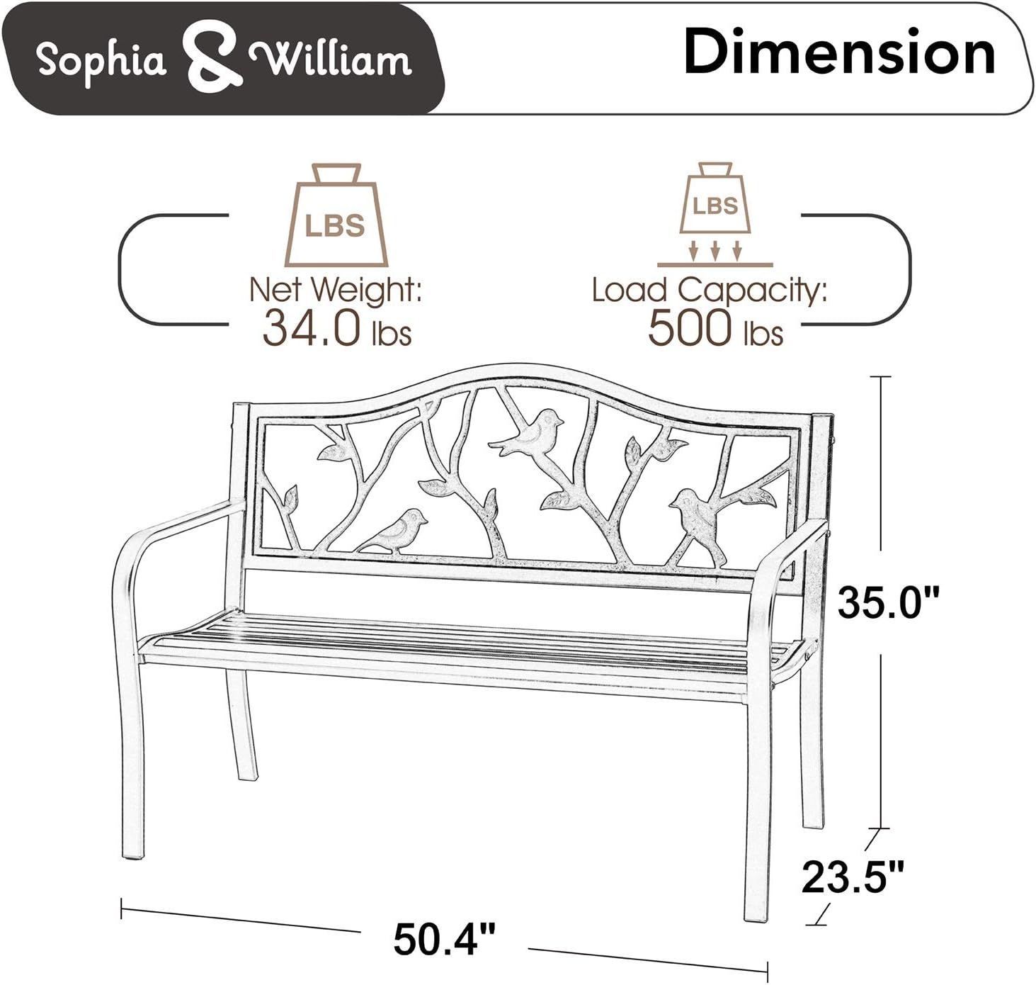 Sophia & William Outdoor Patio Metal Park Bench Red, Steel Frame Bench with Backrest and Armrests for Porch, Patio, Garden, Lawn, Balcony, Backyard and Indoor, 50.4&rdquo;Wx23.5&rdquo;D x35.0&rdquo;H