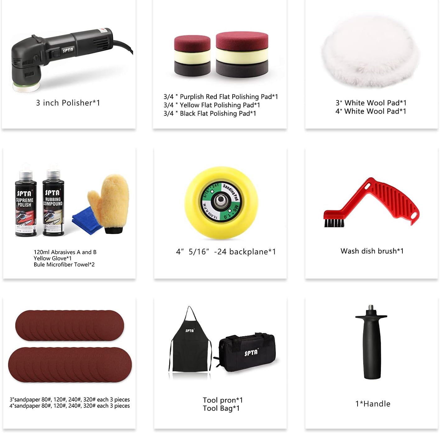 SPTA Buffer Polisher, Orbital Car Polisher 3 Inch 10mm/780W Variable Speed Orbit Dual Action Polisher Auto Detailing Tools with DA Polishing Pads+Sanding Discs+Pad Conditioning Brush+Scratch Remover