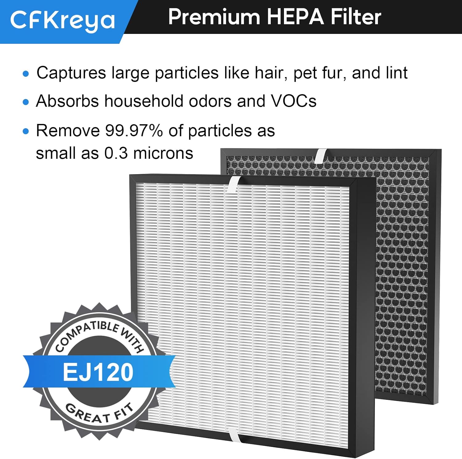 CFKREYA EJ120 H13 True HEPA Replacement Filter, Compatible with Oransi EJ Air Purifier EJ120, One Year Comb Pack, Include H13 Grade HEPA and Activated Carbon Filter. Pack of 2