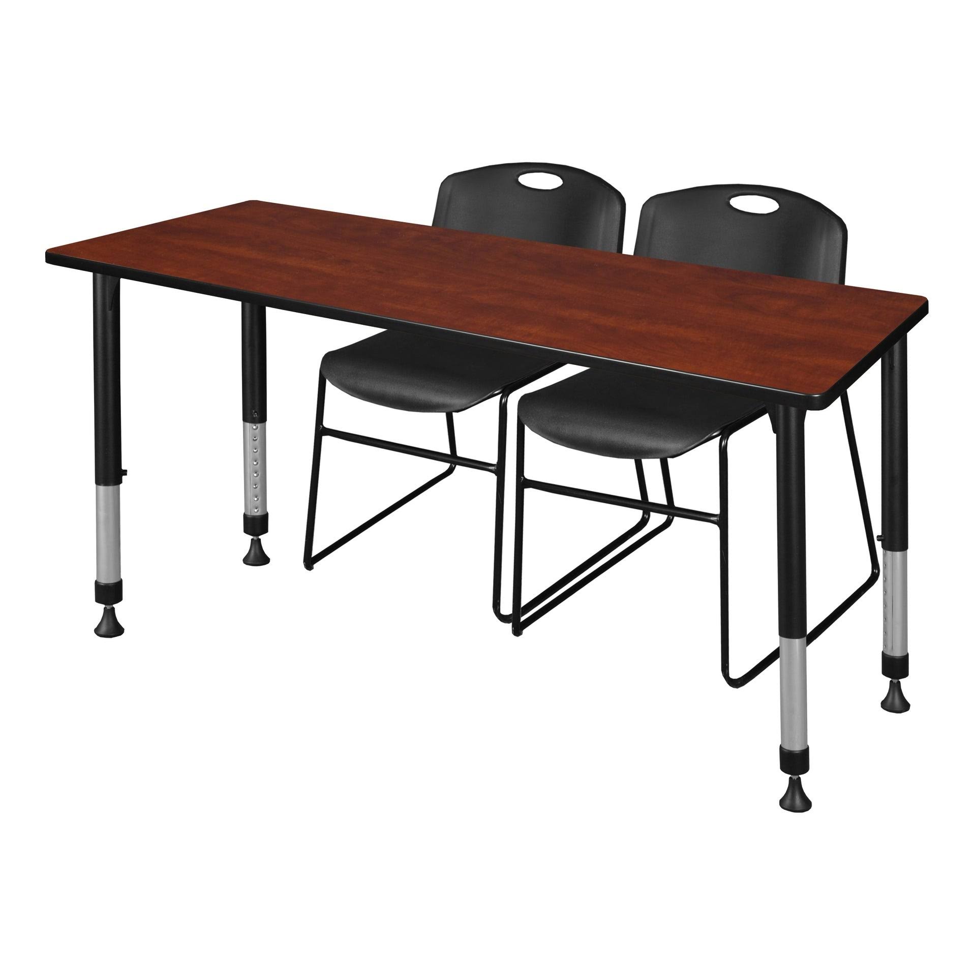 Regency Kee 66x22 x 30x22 Height Adjustable Classroom Table - Cherry u0026 2 Zeng Stack Chairs- Black