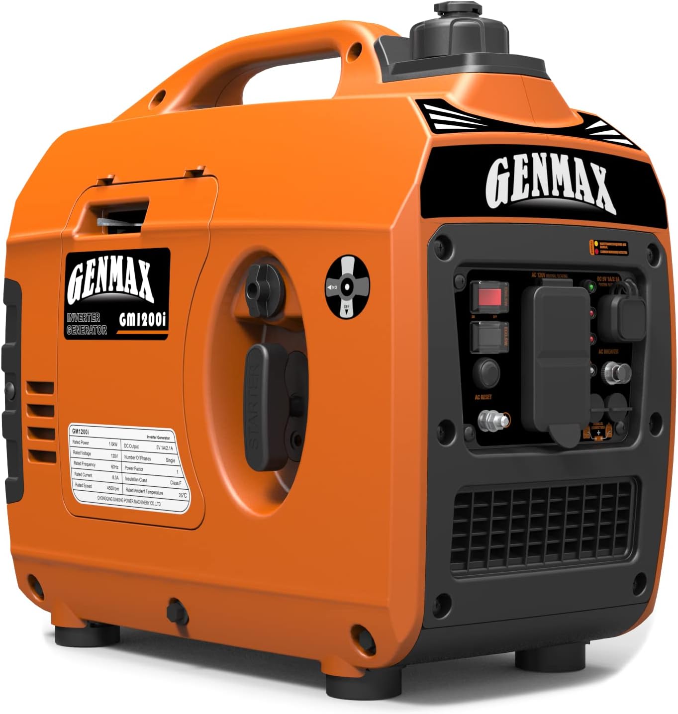 GENMAX Quiet Power Series Inverter Generator，Gas Powered, EPA Compliant, Eco-Mode Feature, Ultra Lightweight for Backup Home Use & Camping (GM1200i)