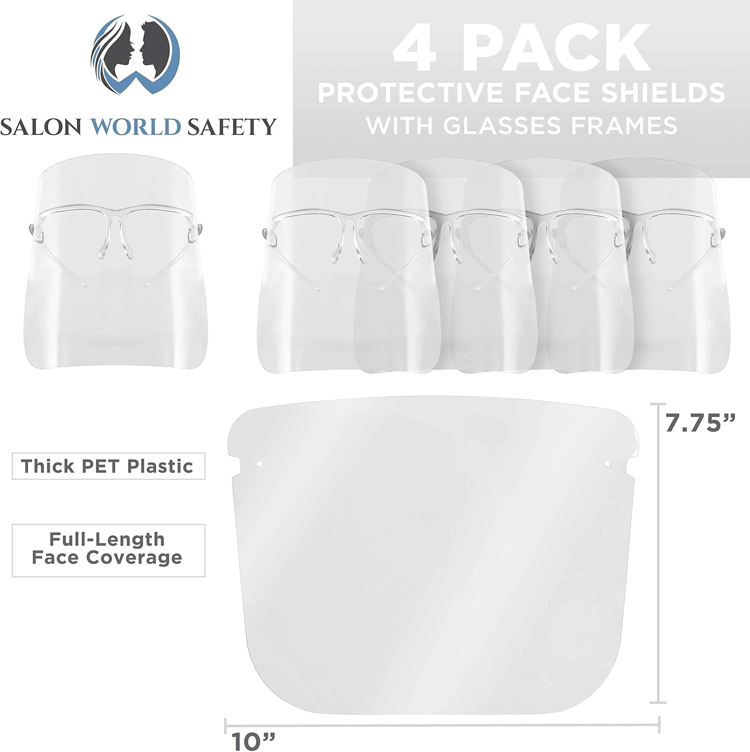 TCP Global Salon World Safety Face Shields with All Clear Glasses Frames (Pack of 4) - Ultra Clear Protective Full Face Shields to Protect Eyes, Nose, Mouth - Anti-Fog PET Plastic, Goggles