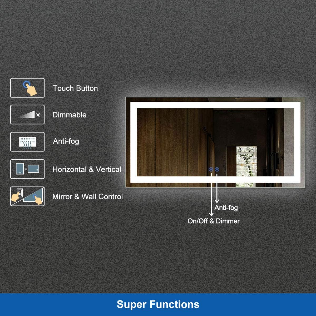 BHBL 48 x 24 in Dimmable Lighted LED Backlit Wall Mounted Mirror, Bathroom Wall Mirrors for Over Sink, Frameless Mirror for Bathroom, Bedroom, Living Room,, Make Up Mirror (CK010-E)