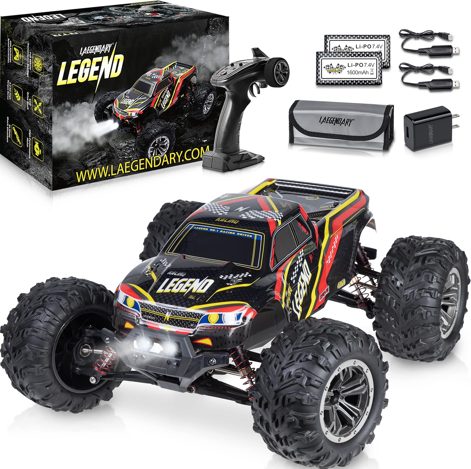 LAEGENDARY Remote Control Car - 4x4 Off Road RC Cars for Adults & Kids - Battery-Powered, Hobby Grade, Waterproof Truck - Reaches up to 30+ MPH - Black - Red