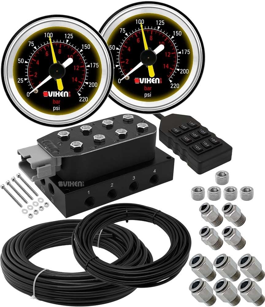 Vixen Air 8 Valve Suspension Manifold with Two Dual Needle Black Gauges, 3/8