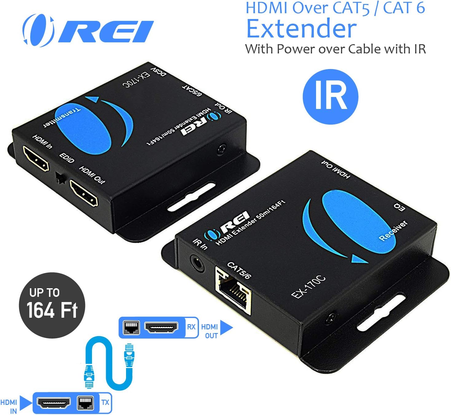 HDMI Extender Over CAT5/CAT6 by OREI with IR Upto 164 Feet - Loop Out - 1080P Full HD Signal Distribution (EX-170C) Pack of 2