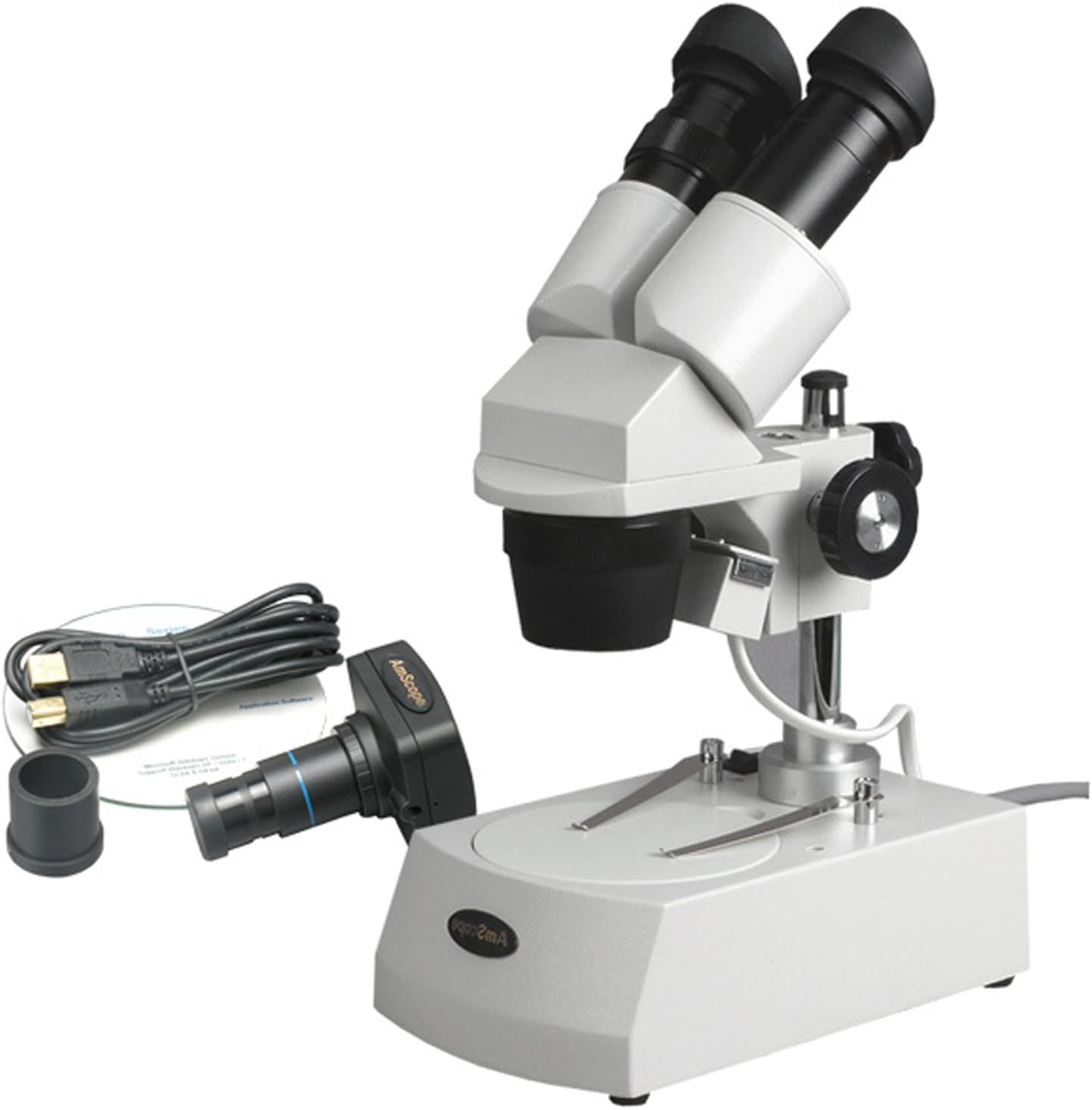 AmScope SE306-PZ-3M Digital Binocular Stereo Microscope, WF10x and WF20x Eyepieces, 20X/40X/80X Magnification, 2X and 4X Objectives, Upper and Lower Halogen Lighting, Reversible Black/White Stage Plate, Pillar Stand, 120V, Includes 3MP Camera with Re