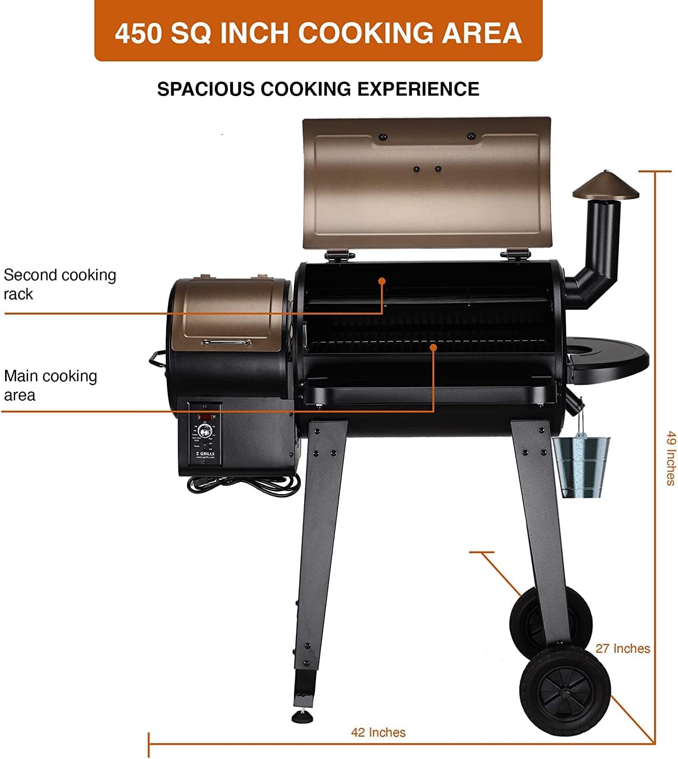 Zcooks Update 450A Smart Wood Pellet Grill 8 in 1 Auto Temperature Control Outdoor Backyard Cookout BBQ Smoker 459 SQ Inches Cooking Area Patio Barbecue Grills Bronze