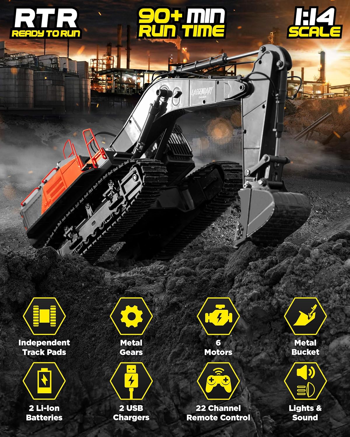 LAEGENDARY RC Excavator Toy - Remote Control Excavator Toys for Boys & Girls - Electric, Hobby-Grade Construction Vehicles for Kids - 1:14 Scale, Black - Red