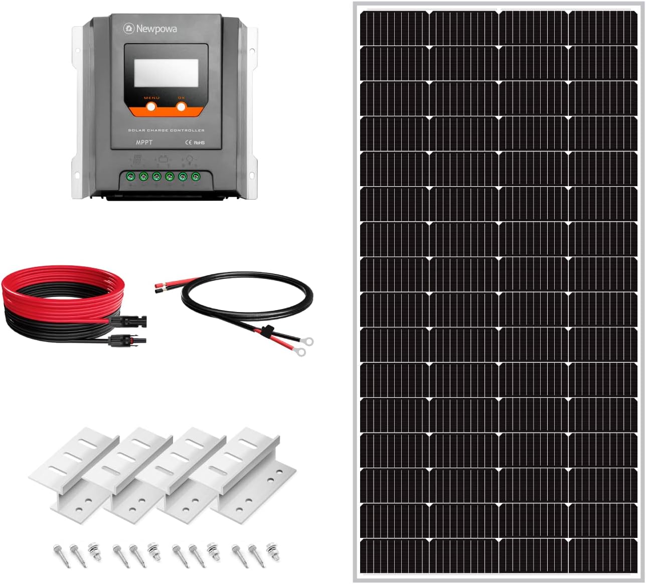Newpowa 9BB Cell 200W 12V Monocrystalline Solar Panel Starter Kit One 9BB Cell 200W Solar Panel+30A MPPT Charge Controller+20FT PV Extension Cable+Battery Cable+Mounting Brackets Off Grid