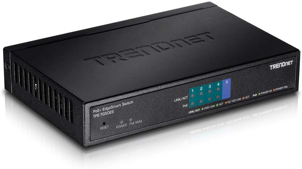 TRENDnet 5-Port Gigabit EdgeSmart PoE+ Switch, 4 x Gigabit PoE+ Ports, 1x Gigabit Port, 31W PoE Power Budget, Managed PoE+ Switch, Wall mountable, Lifetime Protection, Black, TPE-TG50ES Pack of 2